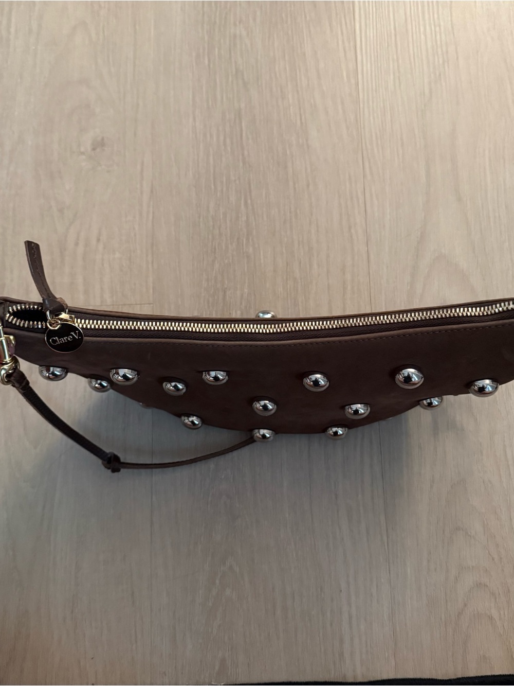 Clare V Lune Studded Brown Leather Shoulder Bag Silver Studs - Picture 10 of 11
